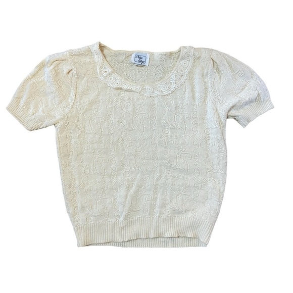Vintage Petite Ways Off White Cream Short Sleeve Collared Sweater - Picture 8 of 16